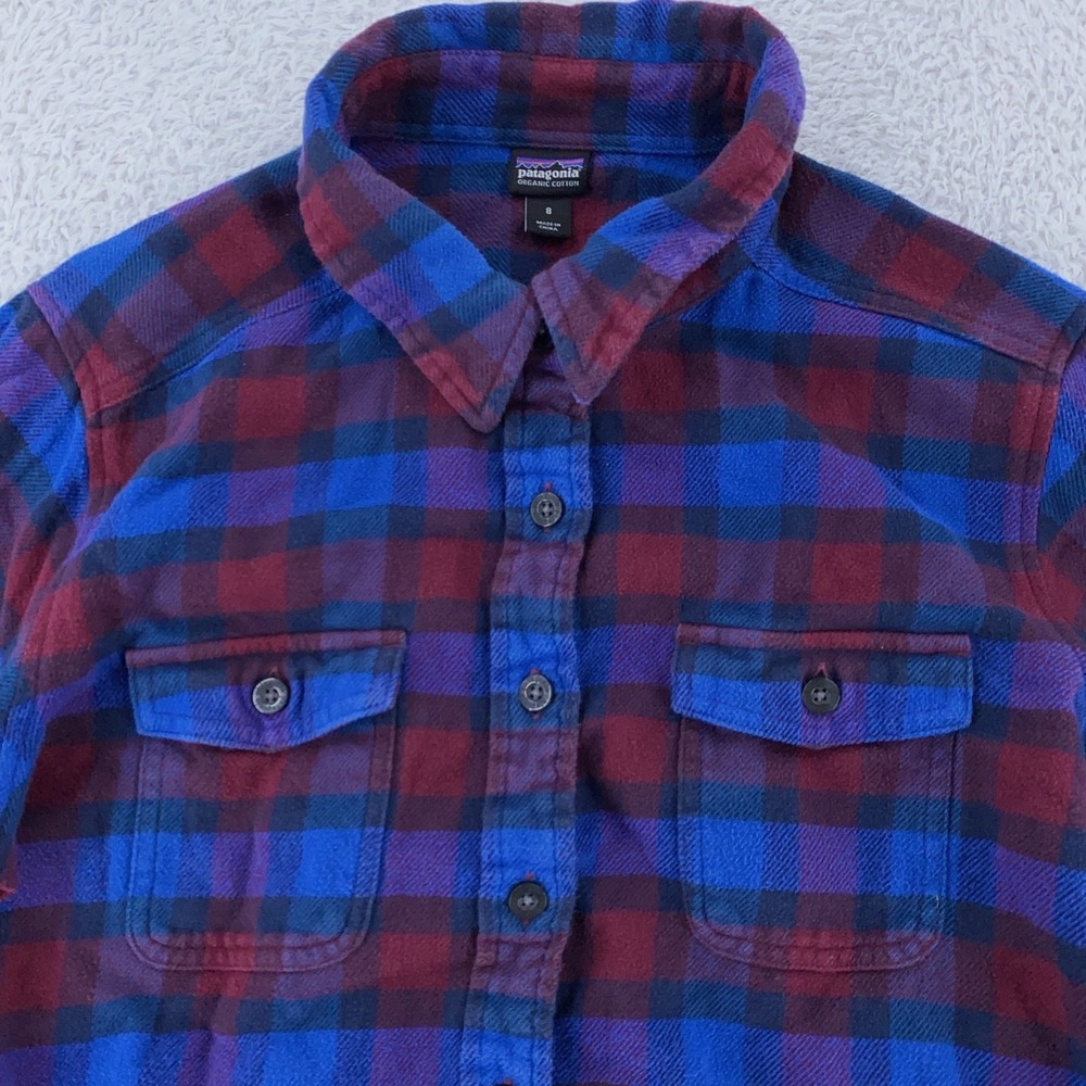 Patagonia Shirt Womens 8 Red Blue Plaid Organic Cotton Flannel Button Up Pockets
